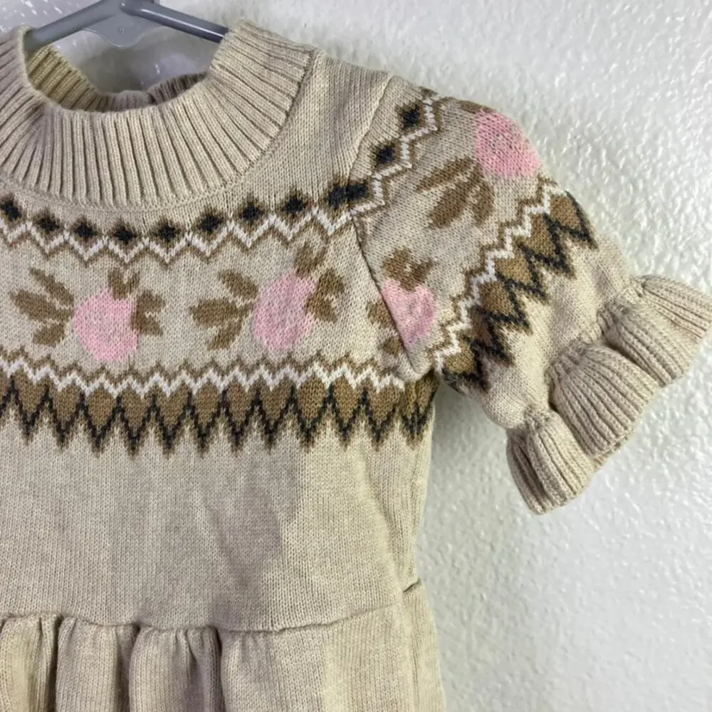 Janie and Jack 12-18m Fair Isle Flowers Knit Sweater Dress Beige Ruffle Autumn